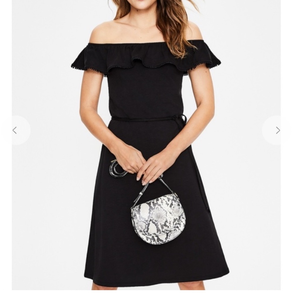New BODEN Bethany Off The Shoulder Sun Dress Black Slub Kersey Knit Tie Belt